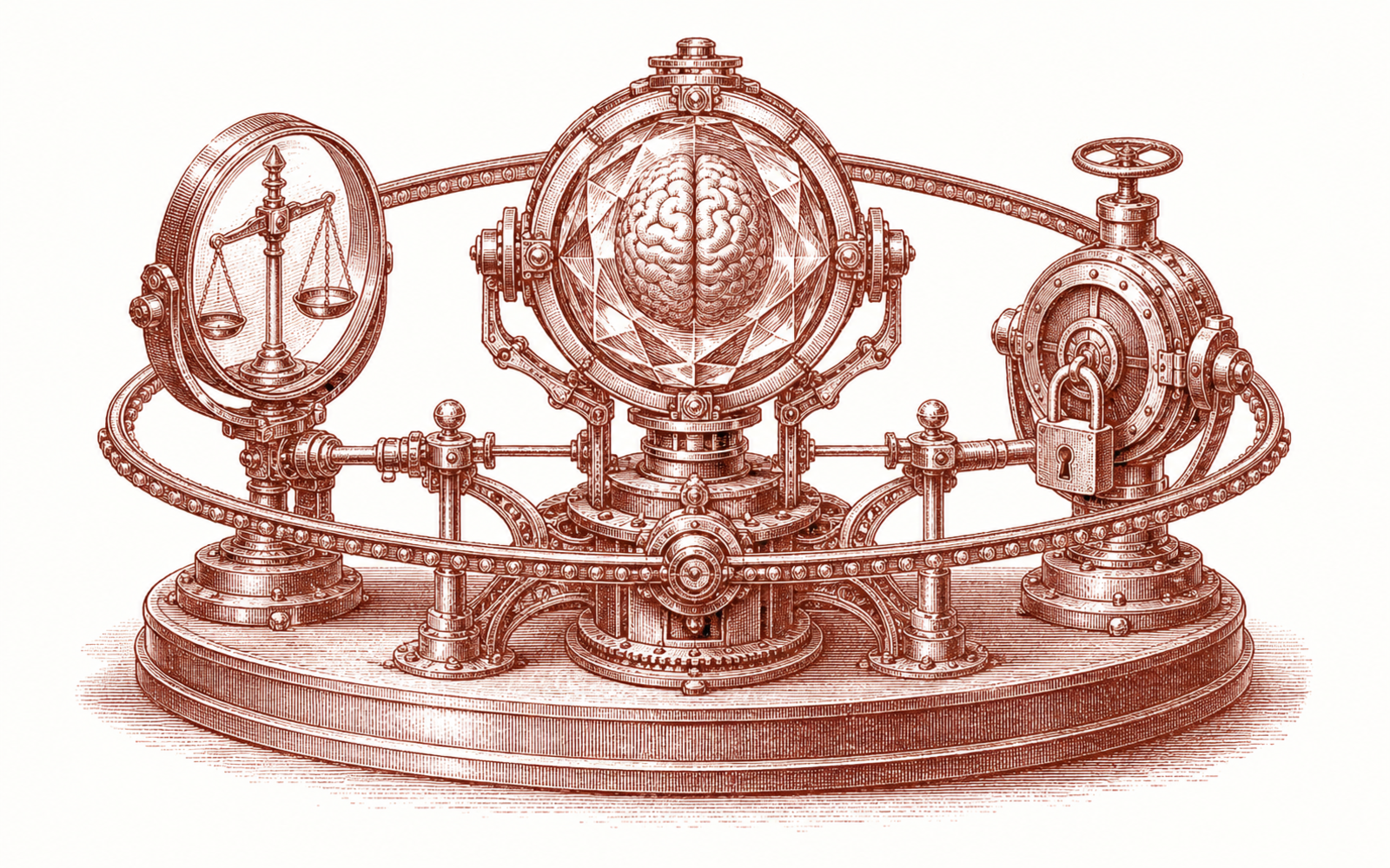 An engraved emblem of accountable autonomy: a thinking core on an orbital loop, a verifier balance on one side, and a sealed, padlocked gate on the other