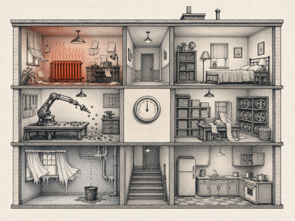 Illustration of a building cross-section with a calm thermostat in the central hallway while rooms behind the walls show very different conditions, including an overheated room with a red radiator and a frozen room with a leaking pipe