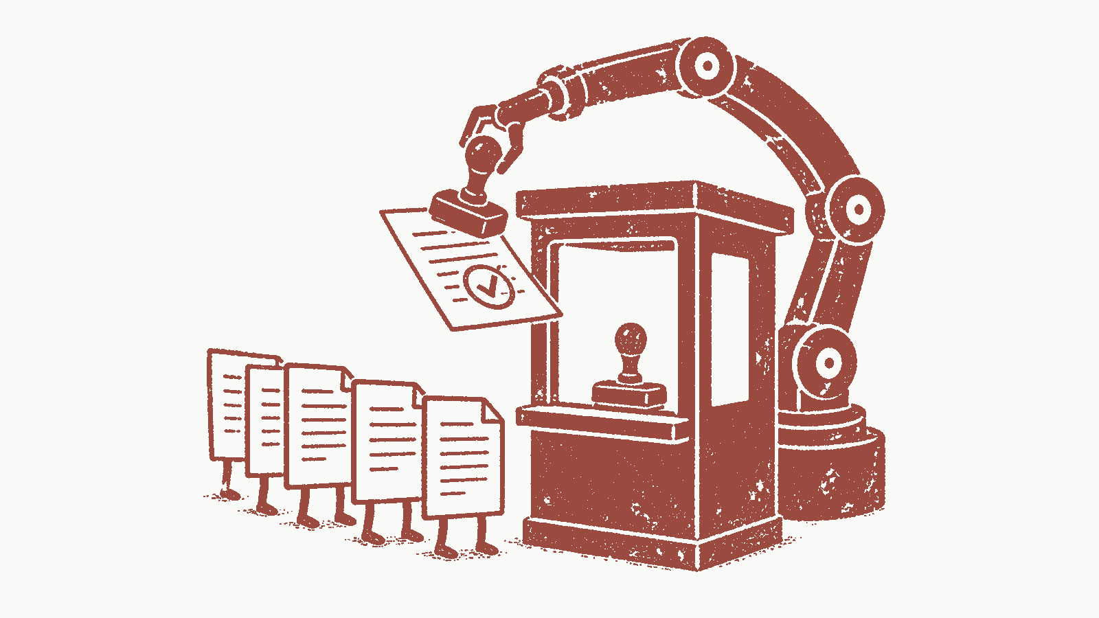 Ink stamp illustration of a mechanical arm reaching over an examination booth from behind to press the booth's own rubber stamp onto the document the machine is holding