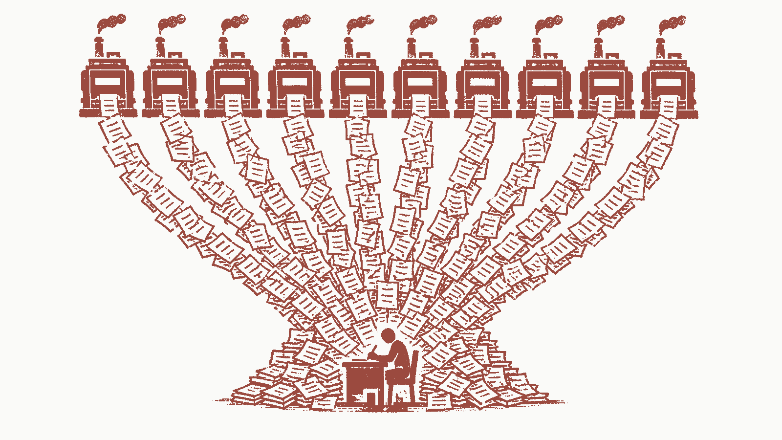 Ink stamp illustration of ten identical machines pouring streams of stamped paper toward one small human figure at a tiny desk, buried in the volume