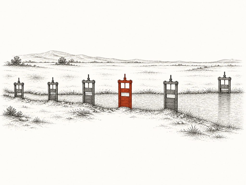six gates on one channel; only one sees the whole flow