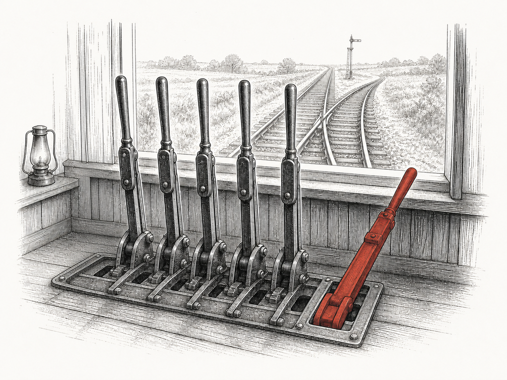 the signal reported the train; the lever frame decided