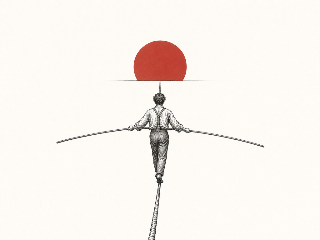 An engraved tightrope walker heading toward a brick-red sun